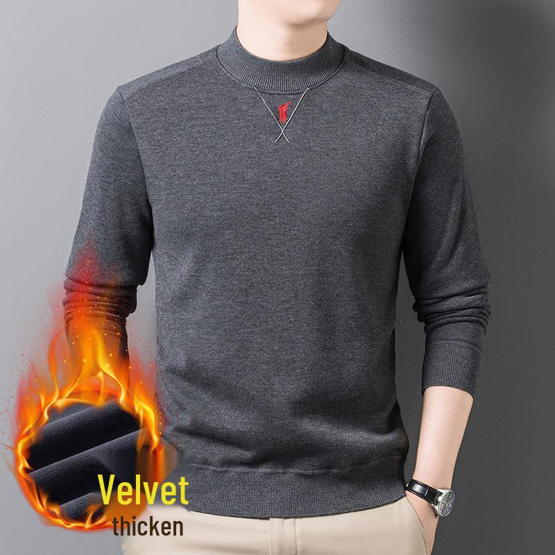 Men s Winter Plus Velvet Wool Sweater with Embroidery & Half-High Collar 4XL
