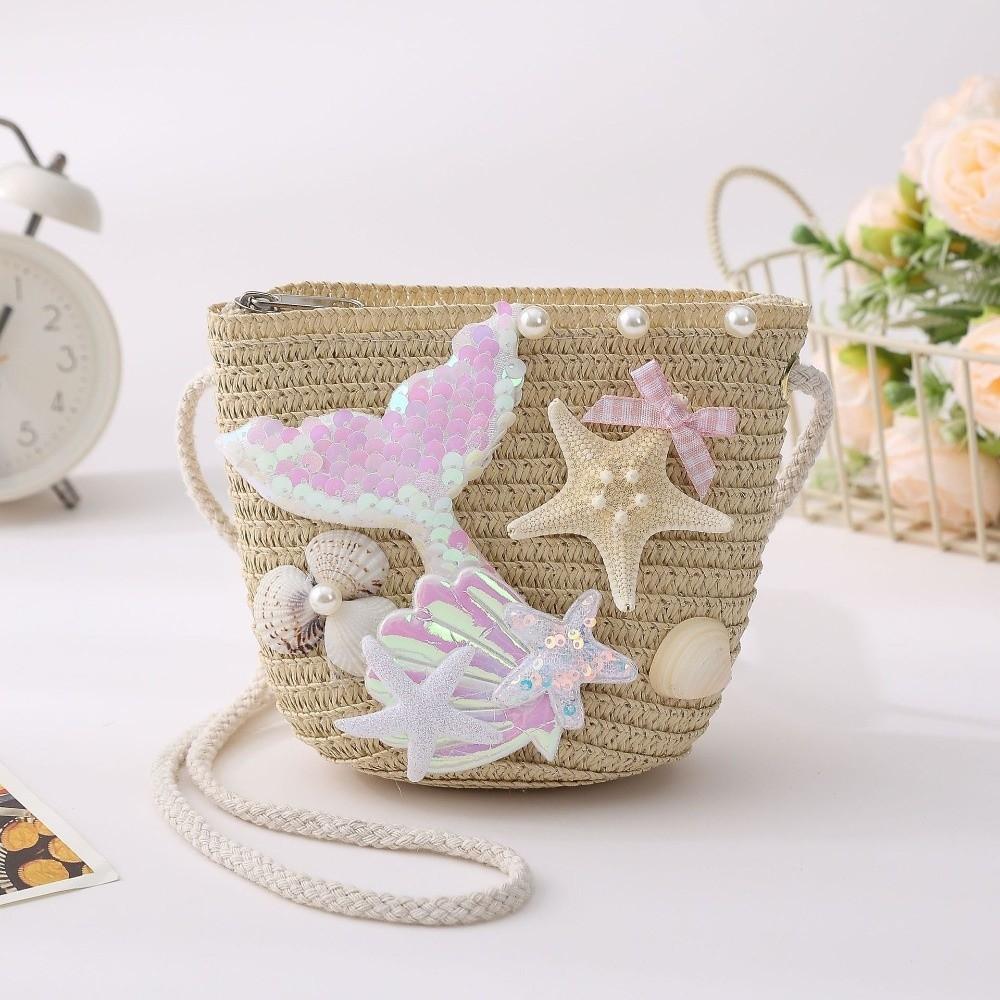 Straw Woven Mermaid Crossbody Bag Breathable Kids Shoulder Bag Fashionable Match Beach Bag Cartoon