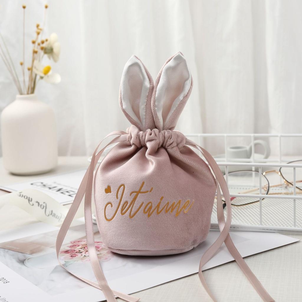 

Пасхальные пакеты для угощений с кроликом, мешок на шнурке с длинными ушами кролика, бархатный мешок для хранения розовый