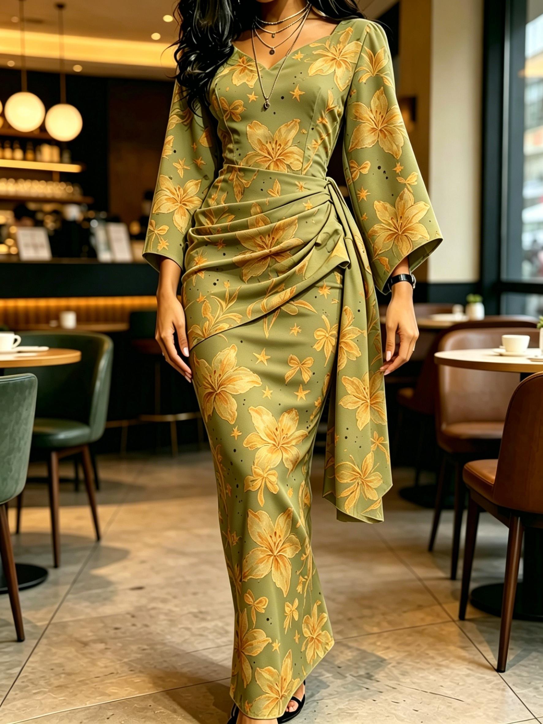 Women s Olive Green Lily Print Maxi Dress V Neck Wrap Waist Flare Sleeve Party Gown XS