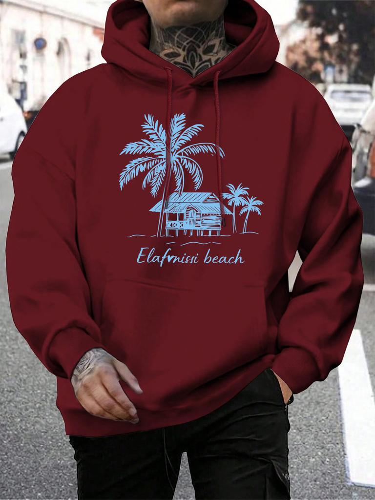 Beach Coconut Trees Creative Printed Men Hoodies Multicolor Loose Hoody Autumn Fleece Streetwear Pocket All-Match Unisex Tops