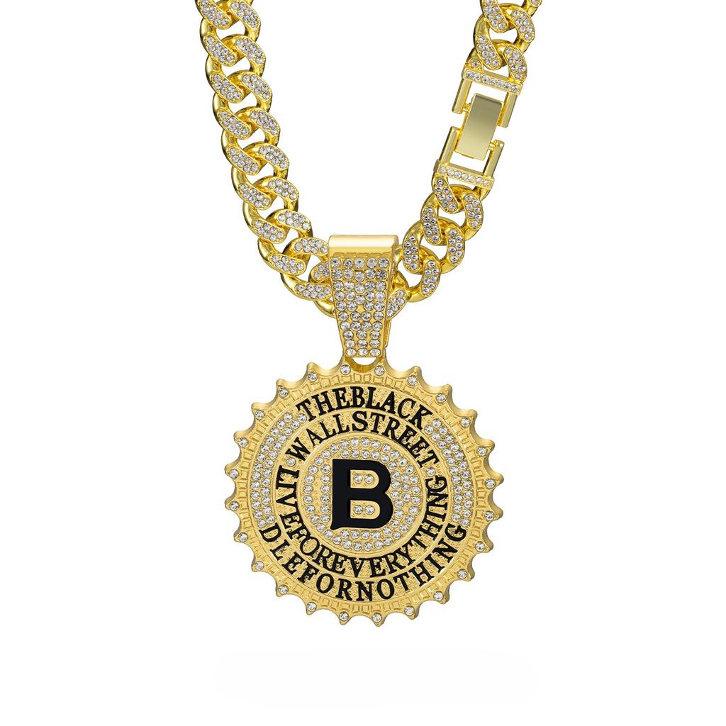 Hip Hop Style Circular Black Letter B Pendant, Paired With A Cuban Chain Necklace, Men'S Style.