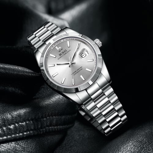 BUREI Men's Analog Watch, Popular Brand, Waterproof Quartz Movement, Business Watch, Fashionable, Simple, Silver-White Luminous Watch, Birthday Gift