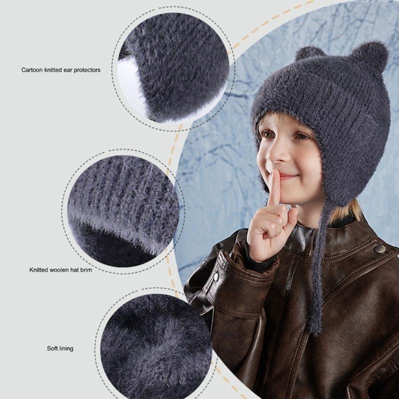 Thickened Knitted Cap Winter Hat For Kids With Thermal Ear Protection Cold Weather Windproof Design Polyester