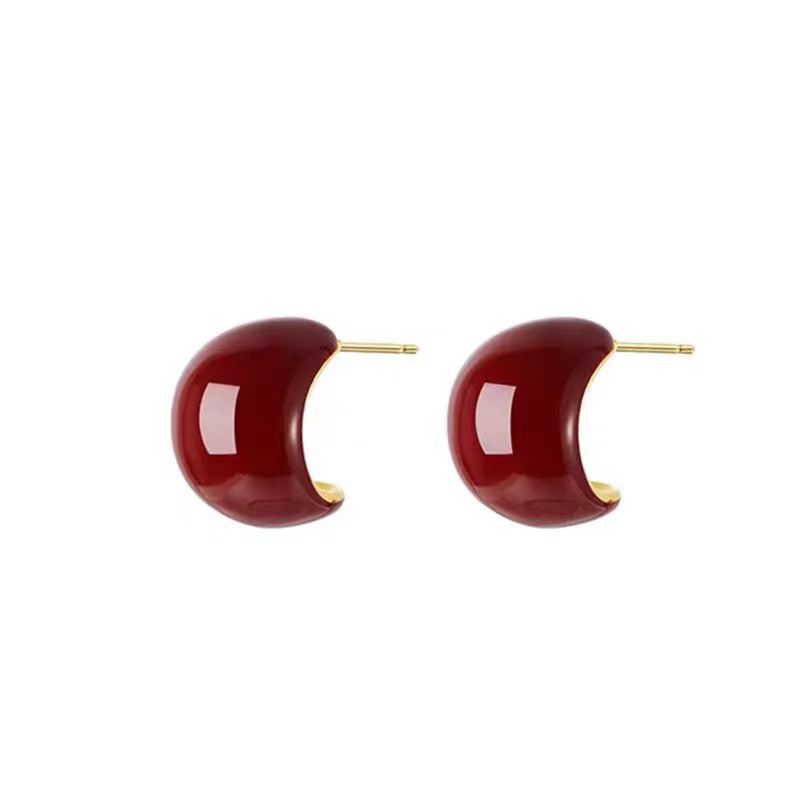 Premium Sense Simple Red Bead Stud Earrings Female Versatile New Year's Model Car Red Open Smile Bead Earrings Wholesale