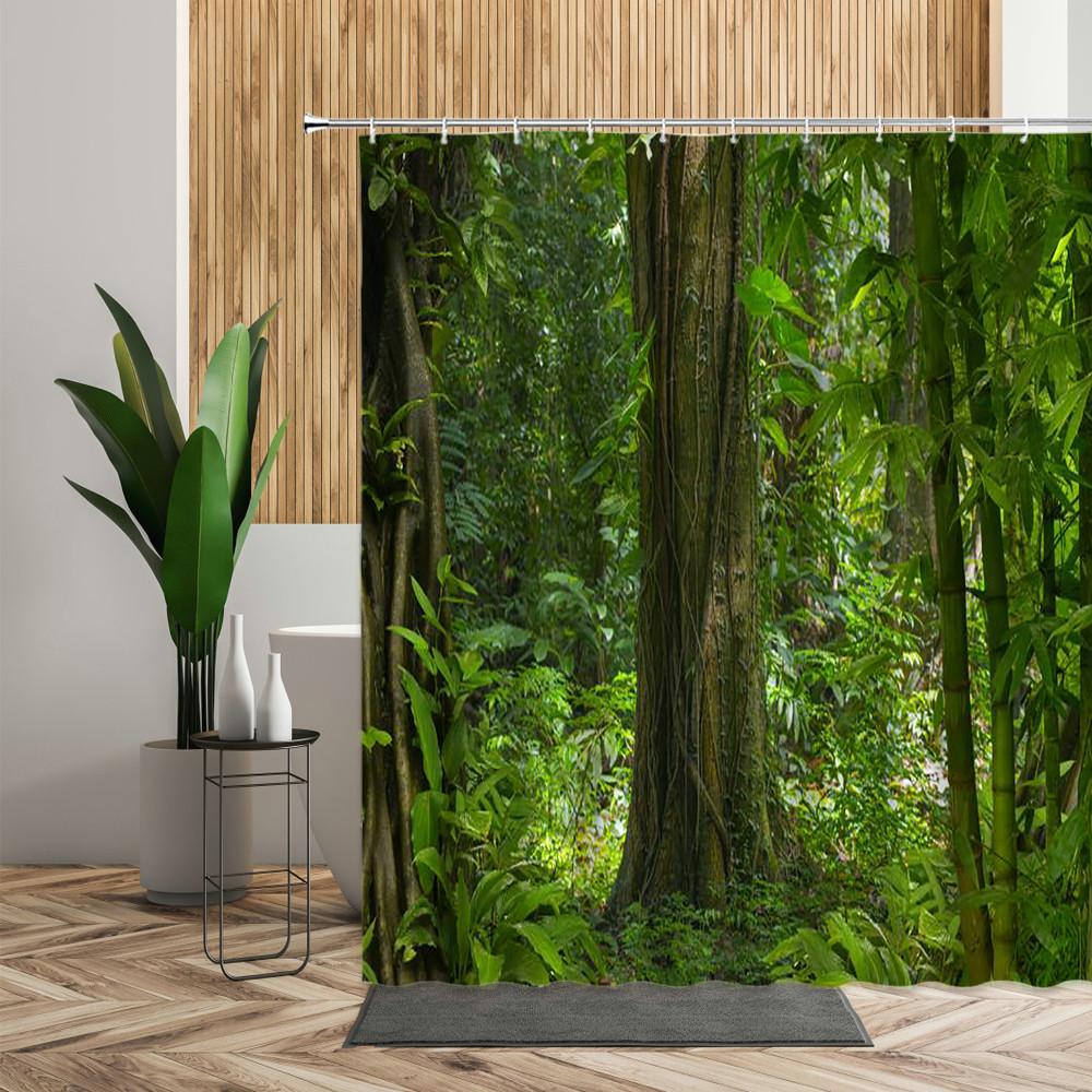 Green Jungle Shower Curtain Summer Forest Tree Bathroom Bath Decoration Home Decor Natural Landscape 3D Living Room Curtains Set