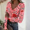 Women's Casual V-Neck Floral Print Long Sleeve Ribbed Top for Everyday Wear
