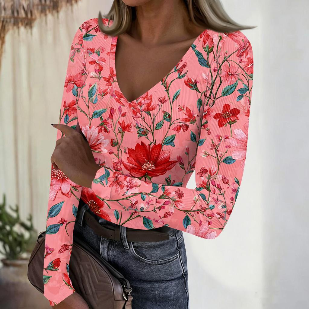 Women's Casual V-Neck Floral Print Long Sleeve Ribbed Top for Everyday Wear