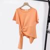 T-shirt à manches courtes et col rond pour femme, ourlet irrégulier, élastique, fin, couleur unie, pull ample, streetwear, été
