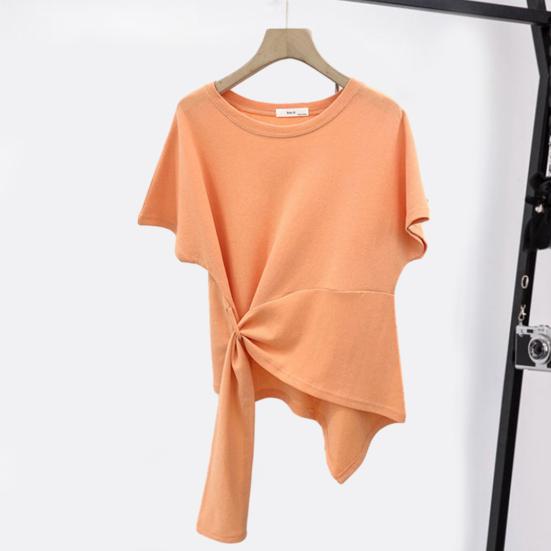 T-shirt à manches courtes et col rond pour femme, ourlet irrégulier, élastique, fin, couleur unie, pull ample, streetwear, été