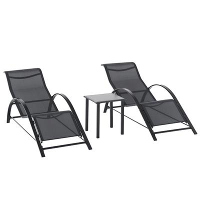 Garden Lounge Set, 2 Loungers with Side Table, Breathable Fabric, Sturdy Metal Frame, Black