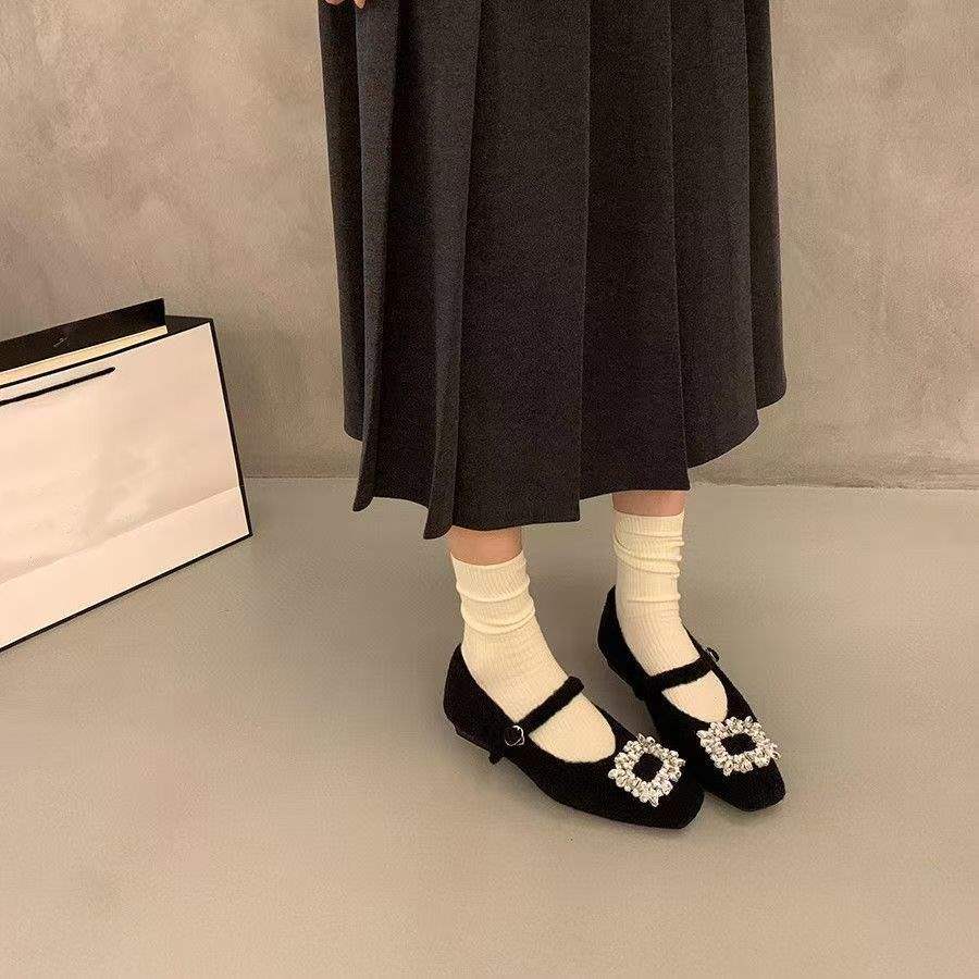 Inner Heightening Rhinestone Suede Black Single Shoes Women's Shoes with Skirts Plush Mary Jane Fluffy Shoes 2025 Autumn and Winter