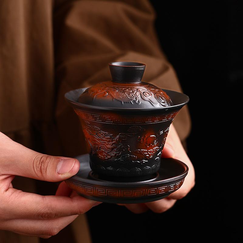 Embossed purple pottery kung fu tea set, gifts for leading customers, high-end gifts for business companies