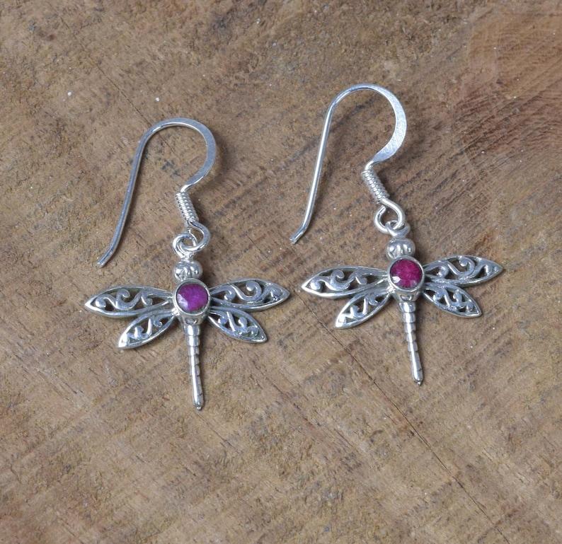 Solid 925 Sterling Silver Ruby Dyed Round Gemstone Dragonfly Handmade Boho Earrings