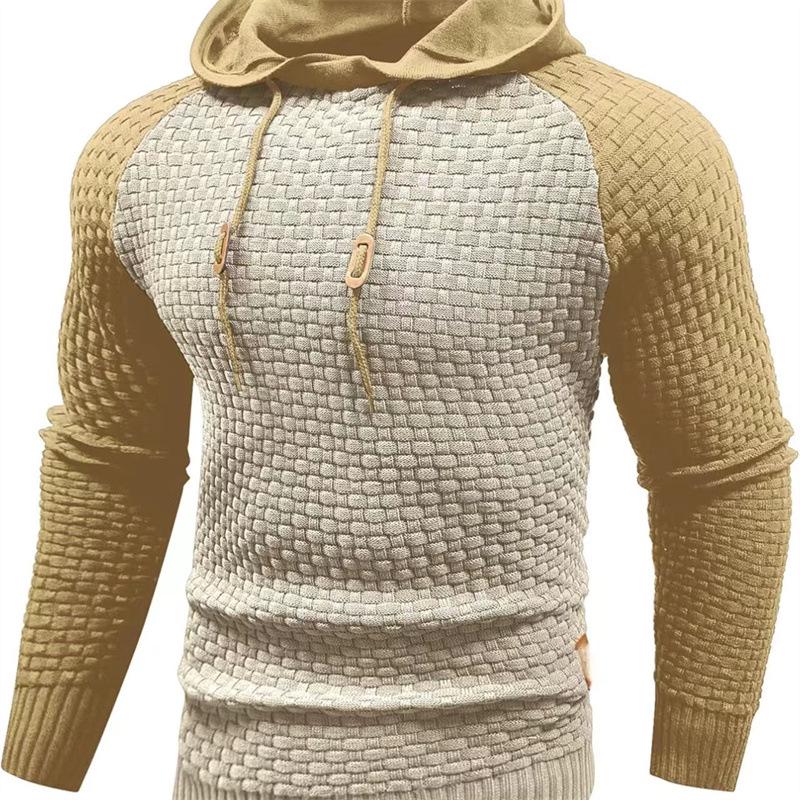 2025 Men's Color Block Plaid Slim Fit Hoodie - Casual Long Sleeve Knit Pullover