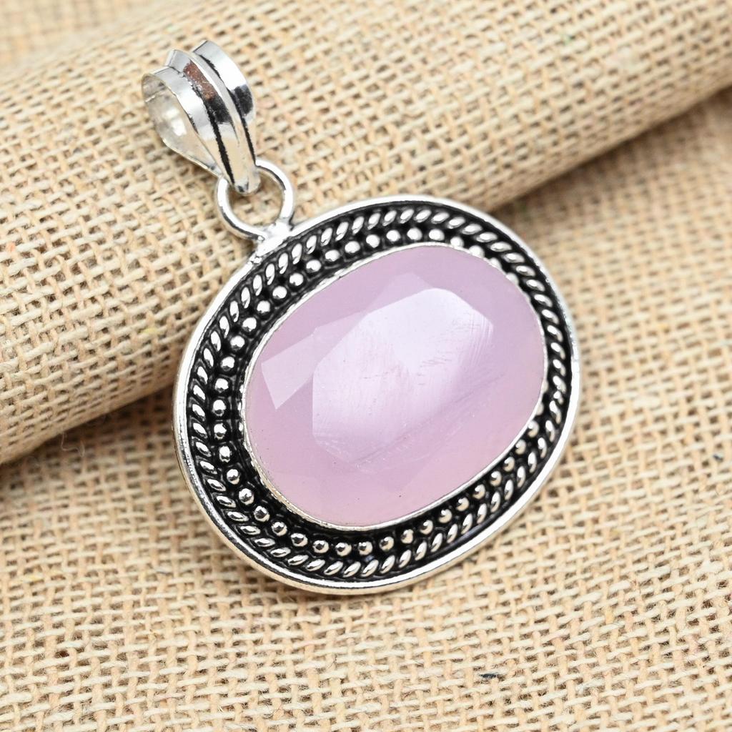 Pink Chalcedony Gemstone 925 Sterling Silver Oval Shaped Pendant Jewelry Pendant
