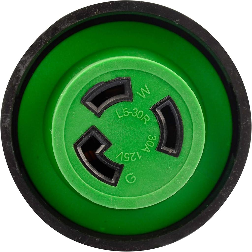 RVGUARD 30 amperų į 110 voltų RV adapterio kištukas su užrakinamu jungikliu, NEMA 5-15P į NEMA L5-30R elektros energijos adapteris, žalias
