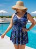 Plus Size Dark Blue Tankini with Printed Swim Skirt and Drawstring Briefs