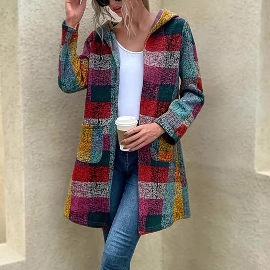 Women Plaid Hooded Cardigan Long Sleeve Zipper Pocket Coat Casual Plaid Jacket Christmas Halloween Daily Party Outfit