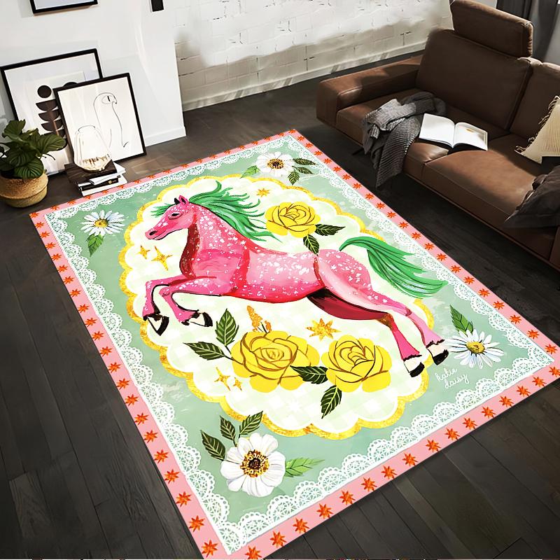 Pink Horse and Yellow Roses Printed Carpet with Floral Green Border Suitable for Use As an Anti-slip for Living Room Bedroom Sofas