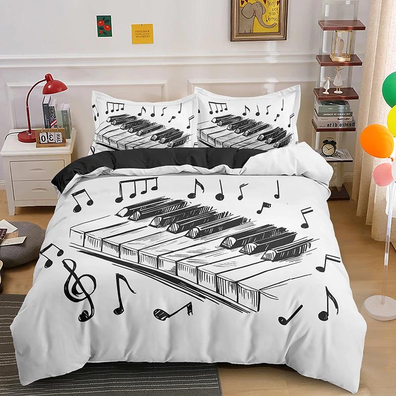 Piano Keys King Queen Duvet Cover 3D Cartoon Musical Notes Bedding Set For Kids Teens Adult Fashion Music Polyester Quilt Cover