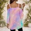 Damen Übergröße Off-Shoulder Träger mit Metallschnalle V-Ausschnitt Kurzarm Holografischer Regenbogen-Print Oberteil