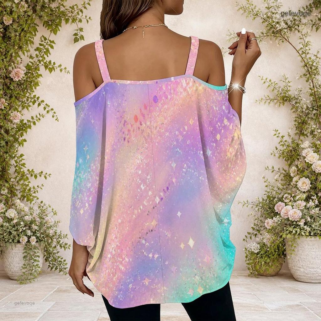 Damen Übergröße Off-Shoulder Träger mit Metallschnalle V-Ausschnitt Kurzarm Holografischer Regenbogen-Print Oberteil