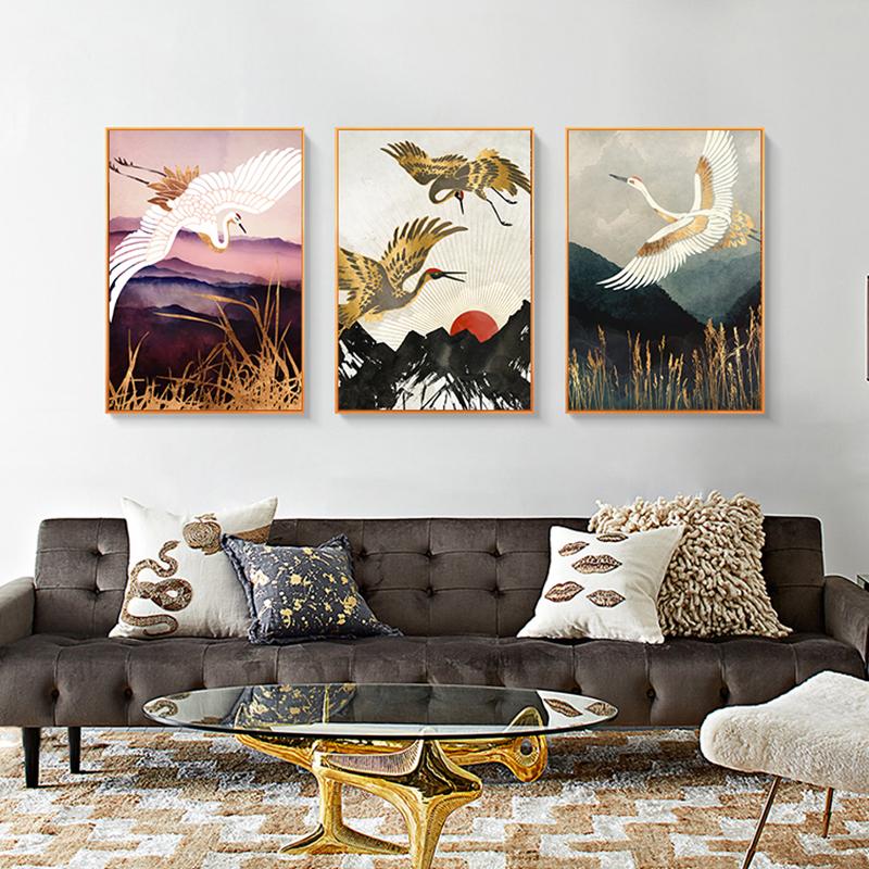 Alpine Flying Crane Abstract Posters and Prints Japanese Style Landscape Wall Art Canvas Painting Sun Bird Line Pictures Decor