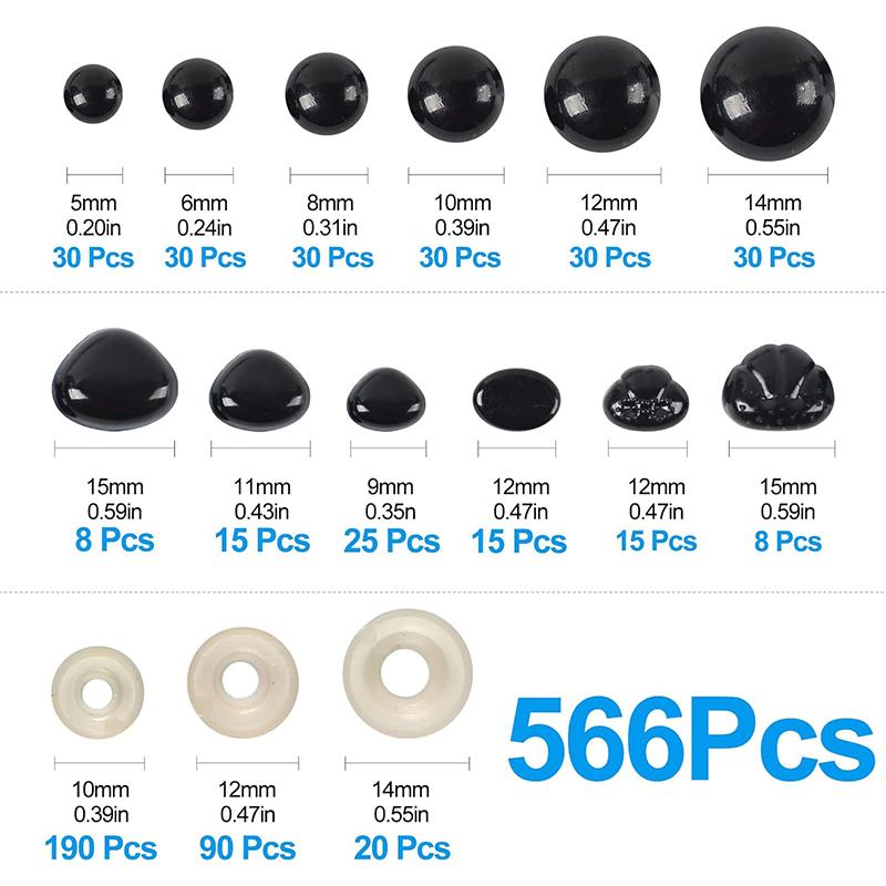 566PCS Safety Eyes and Noses Stuffed Crochet Eyes with Washers Craft Doll Eyes and Nose for Teddy Bear, Crochet Toy Jewelry DIY