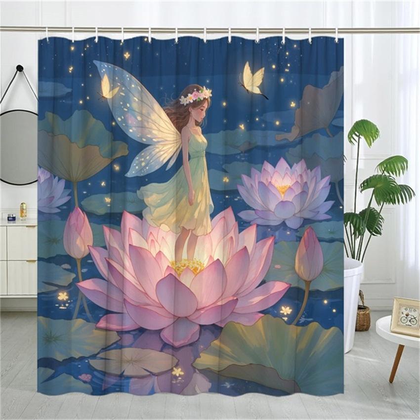 Fairy Water Lily Shower Curtain - Floral Crown, Glowing Fireflies & Butterflies, Includes 12 Hooks, Polyester, Bathtub Decor