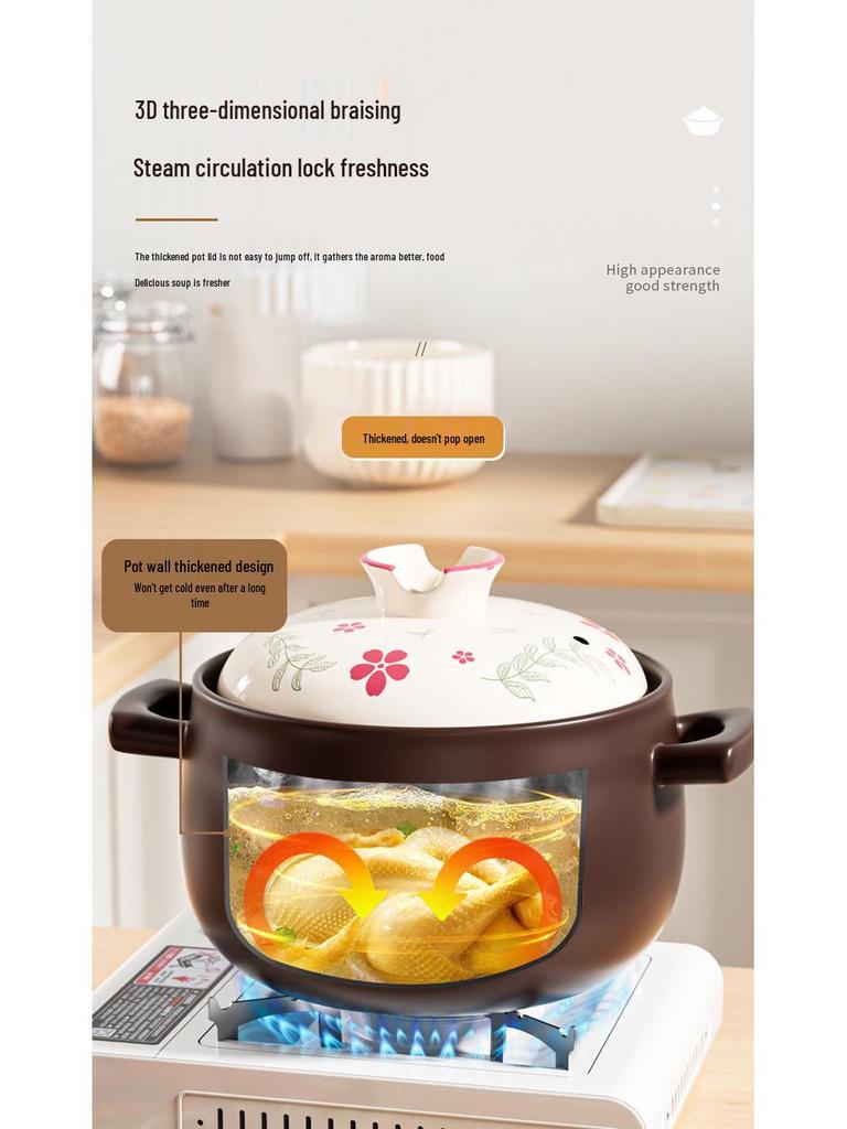 Durable Ceramic Clay Pot for Gas Stoves - Perfect for Rice & Soups, High Heat Resistant, Not Easy To Crack.