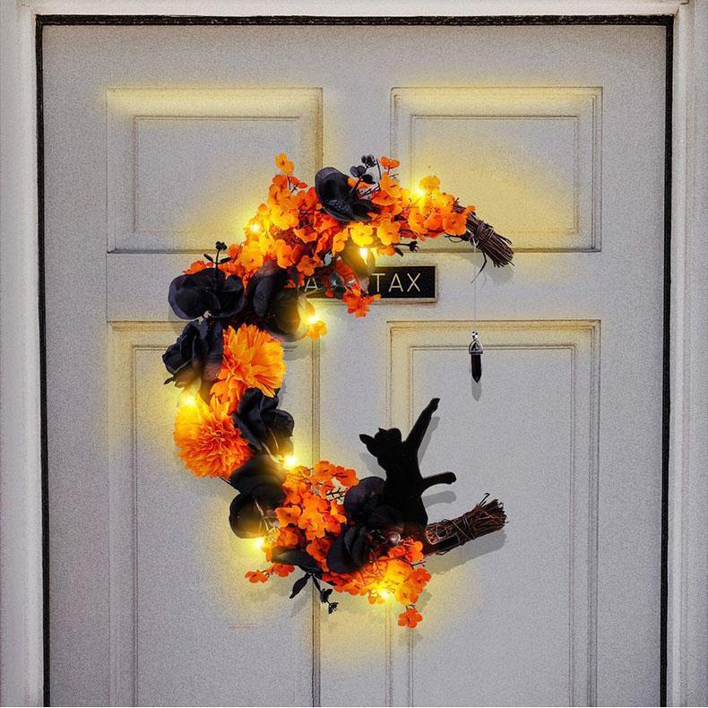 Orange Black Moon Cat Wreath Halloween Wreath Door Hanging Outdoor Courtyard Decoration Wreath Door Hanging Wholesale Atmosphere