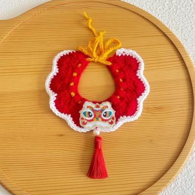 Handmade Cat Dog Scarves Chinese Style Red Tassels New Year Cat Bow Tie Lightweight Embroidery Pattern Knitted Pet Collar