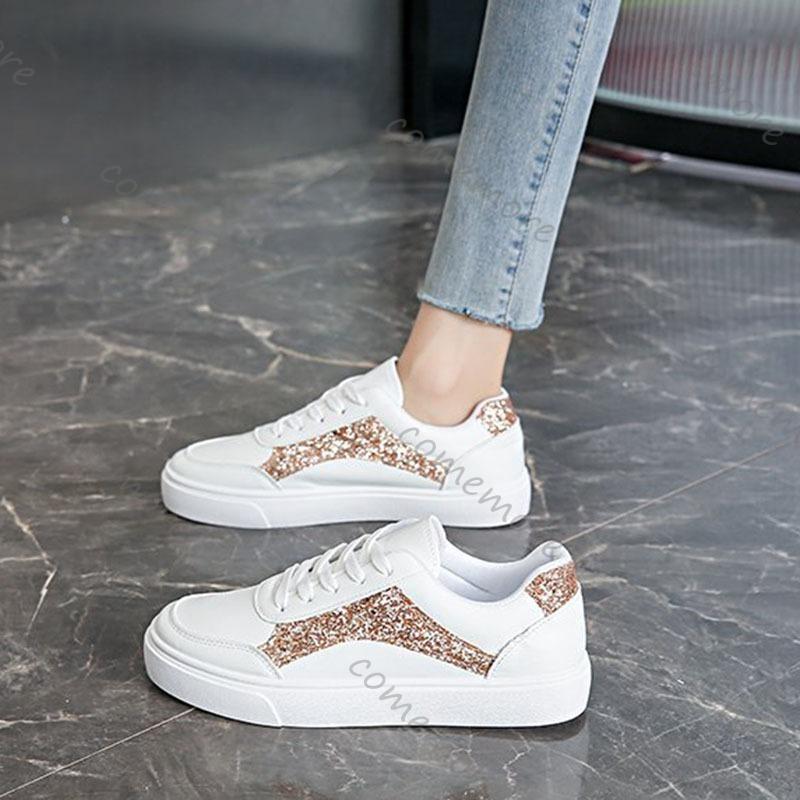 Fashion Comemore Spring Autumn Women Flat Sneakers Casual White Student Running Sports Shoes Sequins Color Blocking Lace Up Board Tenis