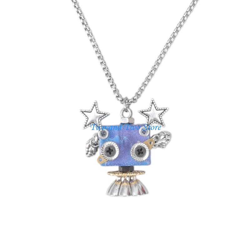 HX6F Wooden Robot Pendant Necklace Stylish Collarbone Chain DIY Block Neckchain Jewelry Eye Catching Accessories