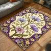 Purple Floral Rug with Botanical Design, Beige and Purple Decorative Floor Mat