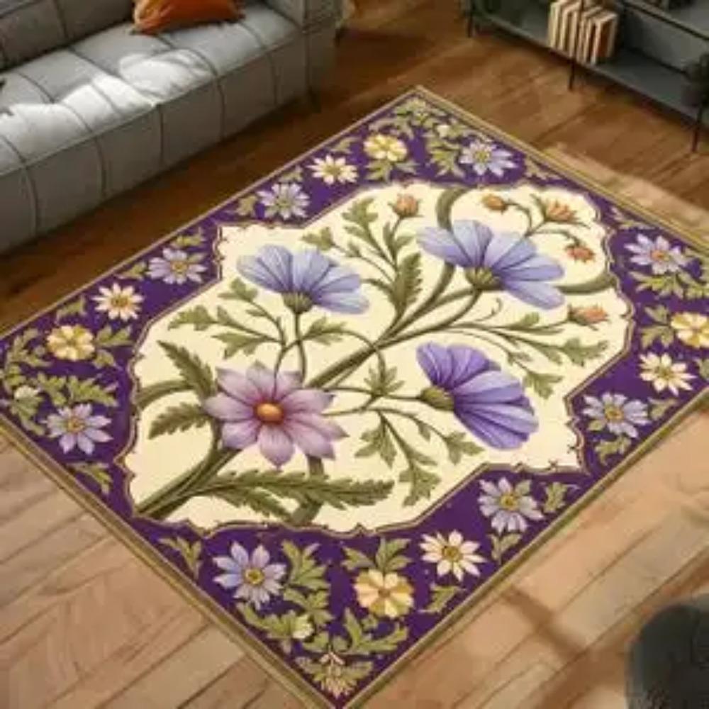 Purple Floral Rug with Botanical Design, Beige and Purple Decorative Floor Mat