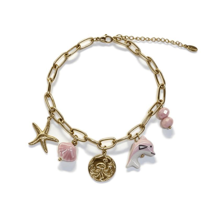 Women S Stainless Steel Gold Plated Boho Bracelet With Fish Starfish Shell Charms