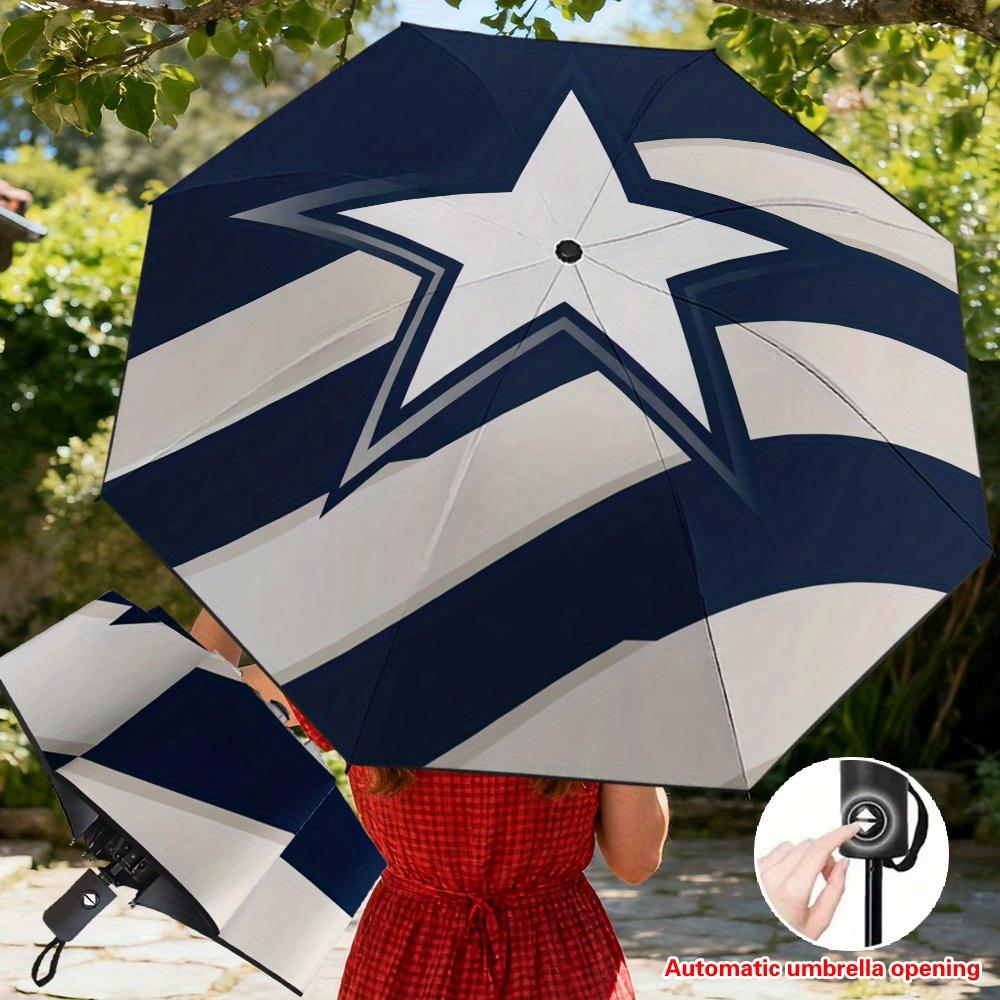 

1pc Automatic Open/Close Umbrella with One-Touch Button, & 8-Rib Reinforced Frame - Navy Blue/White Striped & Star Pattern (Bl (as the picture,Iron&8K)