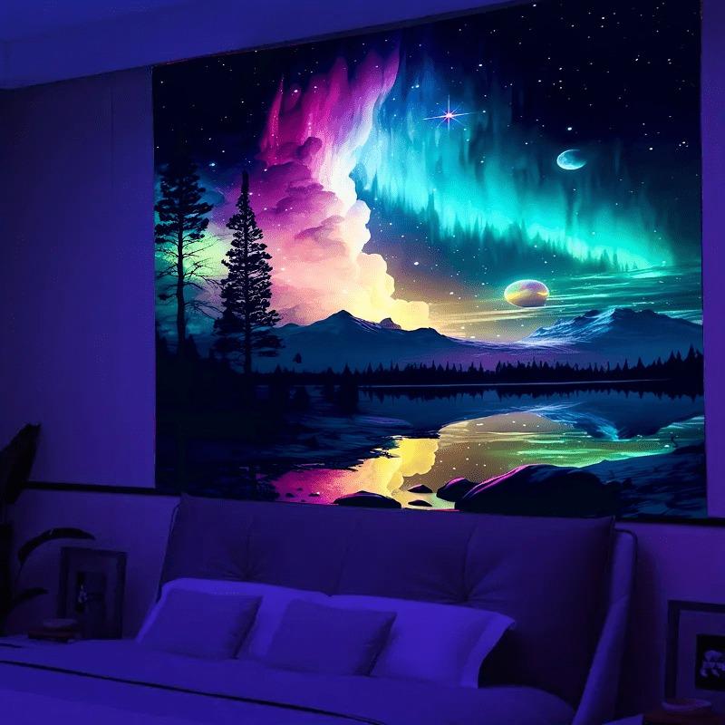 Ultraviolet cosmic vortex luminous tapestry, indoor mood to create atmosphere, psychedelic luminous art, bedroom decoration