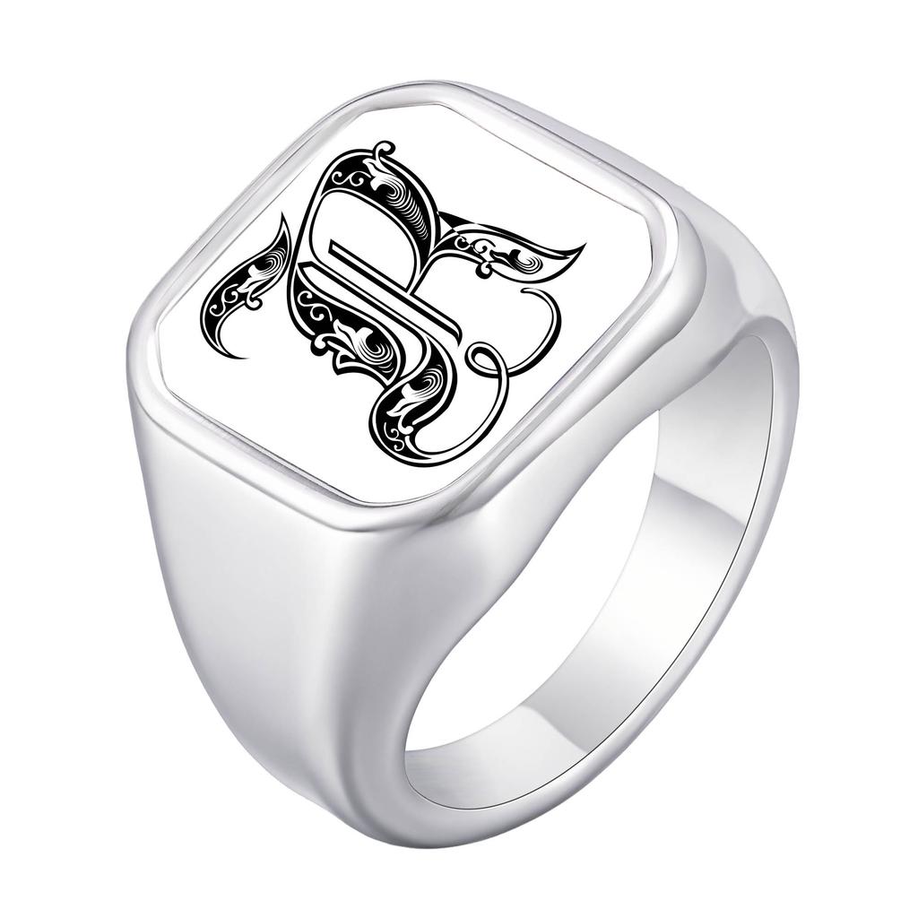 Engrave Custom A-Z Initial Picture Rings for Men, Stainless Steel Male Signet Ring, High Polished Finger Jewelry Gift Father Day