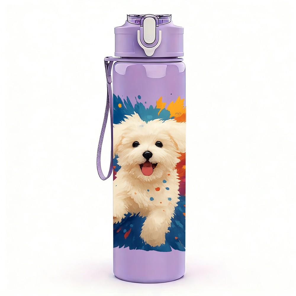 1PC White Puppy Color Splash Art 750ml Color Plastic Sports Water Bottle Leakproof Flip Straw Lid For Sports Office Home Use
