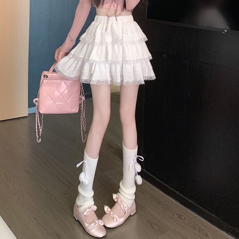 White French Lace Puffy Cake Skirt Female Summer New High Waist Slim Skirt Korean Fashion Design Casual A-line Skirts