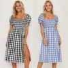 Women's Spring Summer Sexy Slit Square Collar Plaid Short-sleeved Dress