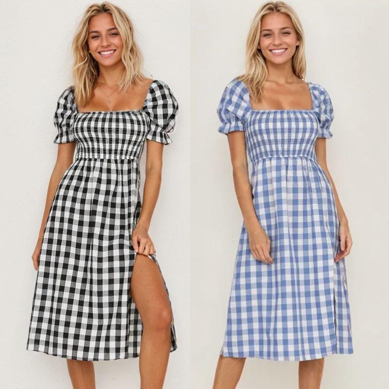 Women's Spring Summer Sexy Slit Square Collar Plaid Short-sleeved Dress