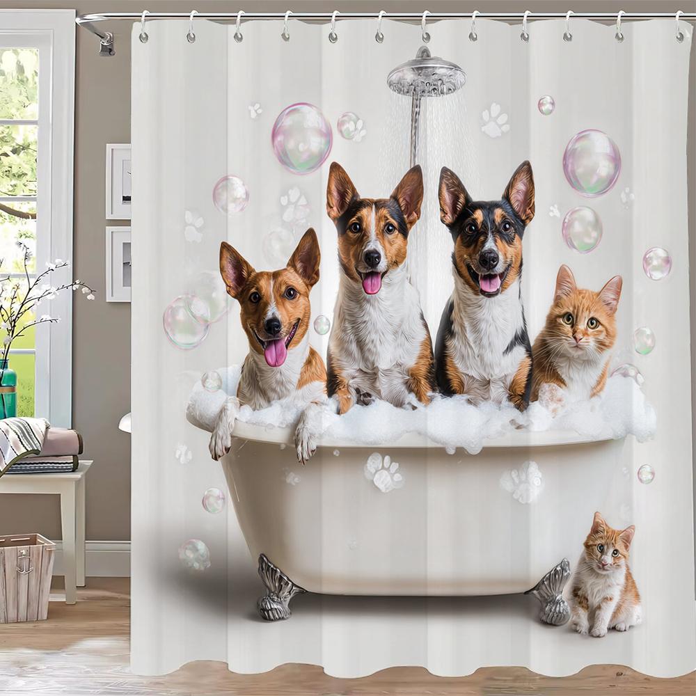 1pc Cute Cat Shower Curtain,Modern Printed Cartoon Animal Dog Bathroom Curtain,Home Polyester Decoration Curtain With Hooks