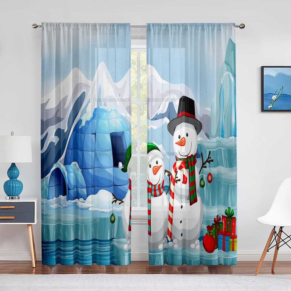 

Рождественская вуаль, зимний сезон, снеговик и шляпа, шарф, оконные тюлевые шторы для гостиной, спальни, кухни, украшения 1 PCS W100XH250cm&Grommet Top