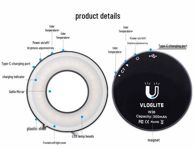 8Vloglite W36 Phone Fill Light for Live Broadcast, Beauty, Makeup, and Video Soft LED Lighting
