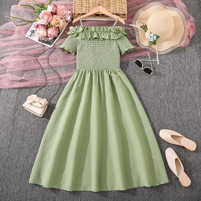 

Платье для девочек Летняя Новая мода Милое С оборками На одно плечо Короткий рукав Облегающее талию Платье принцессы 12Y зелёный