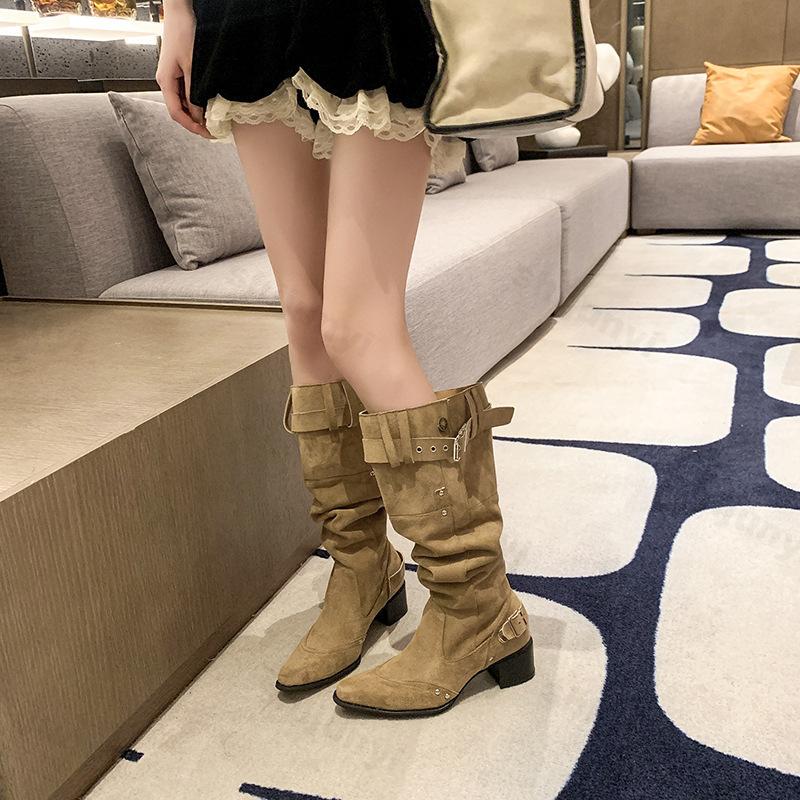 Women Boots Vintage Chunky Heel High Quality Cow Suede Leather Autumn New Long Boots Woman Pointy Fashion Knee-high Botas ,